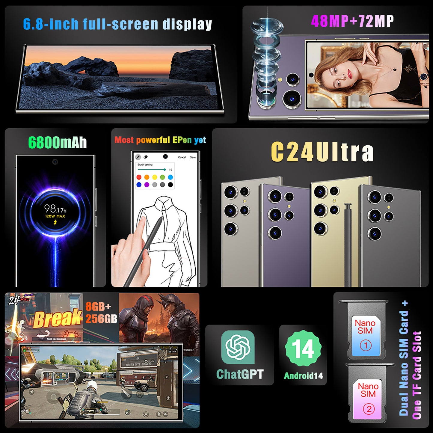 Unlocked 5G Smartphone – 6GB RAM, 256GB Storage, 6000mAh Battery & Stylus