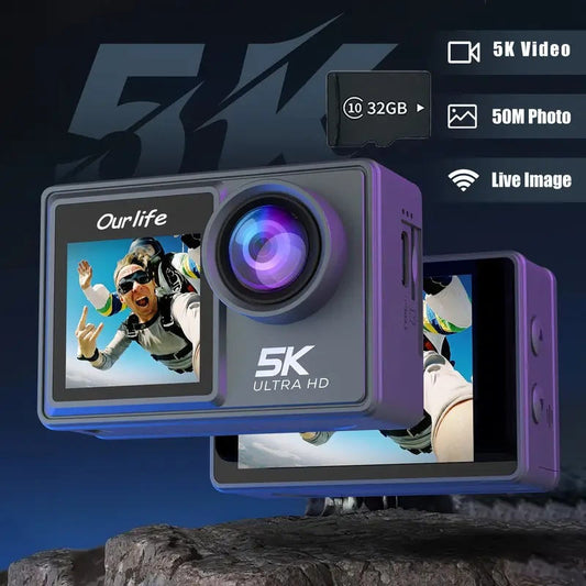 Ourlife 5K 30fps Action Camera – 50MP EIS WiFi Dual Screen Vlogging Cam with 32GB Memory Card