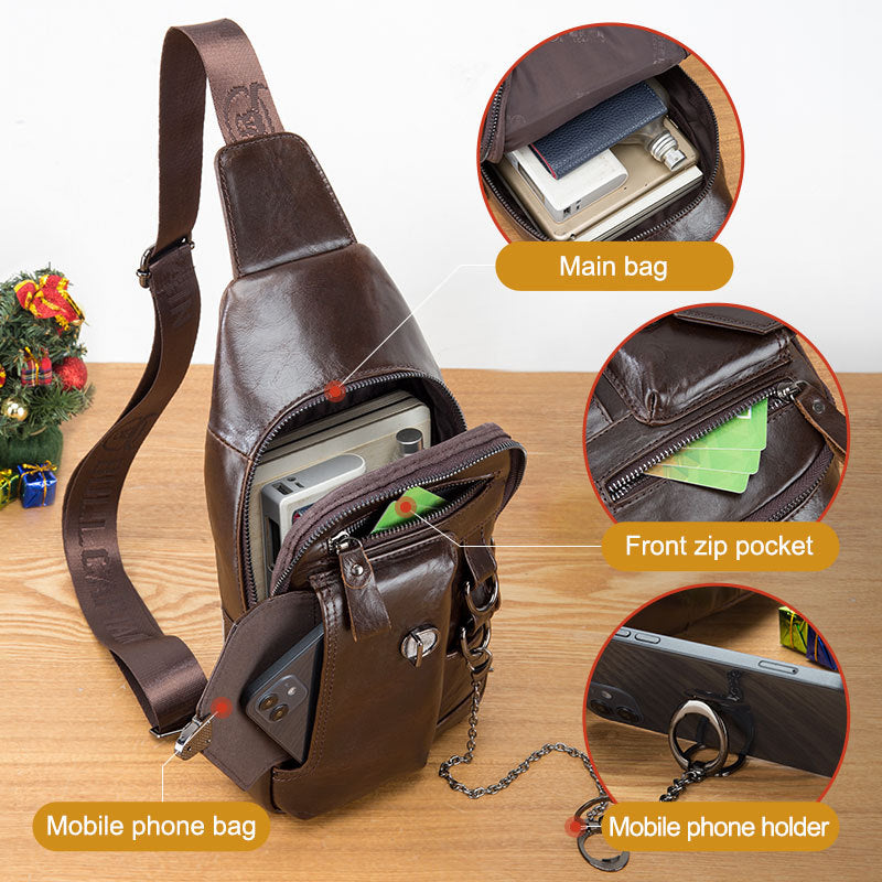 Men’s Retro Leather Crossbody Bag – Genuine Cowhide with Magnetic Buckle