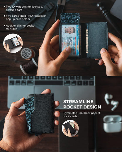100% Leather RFID Blocking Wallet – Double ID Window, Automatic Up Design, Urban Minimalist